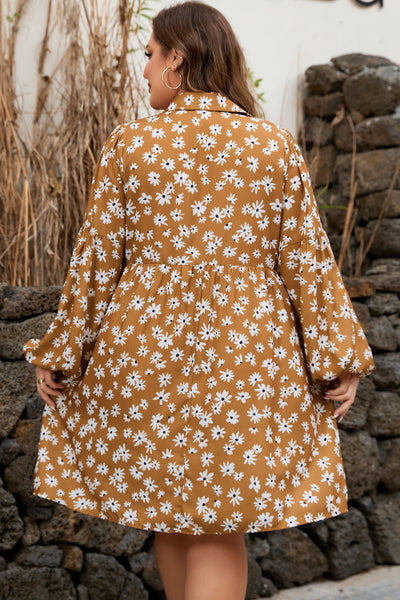 Curvy Golden Brown Daisy Floral Print Split Button Neck Puff Sleeve Babydoll Dress