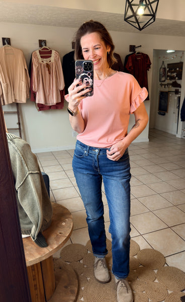 Dusty Pink Ribbed Ruffle Trim Short Sleeve Top