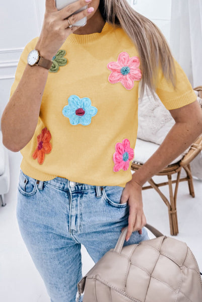 Yellow Sweater Knit Top with Colorful Crochet Flowers