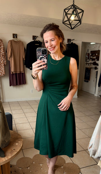 Dark Green Sleeveless Dress with Ruching Details