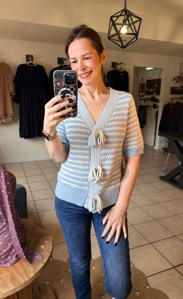 Sky Blue Striped Bow Front Sweater with Hidden Snaps