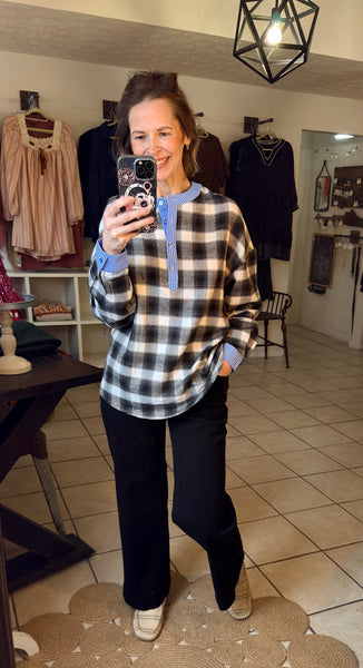 Black and White Plaid with Contrasting Blue Striped Trim Henley Long Sleeve Top