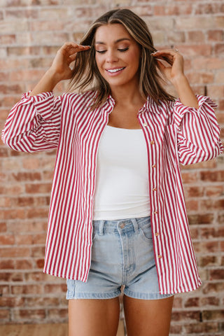 Red and White Striped Button Up Long Sleeve Top