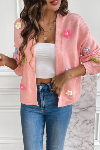 Pink Sweater Cardigan with Hand Hooked Colorful Flowers