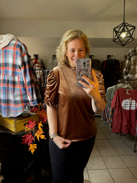 Mocha Brown Velvet Short Puff Sleeve Top