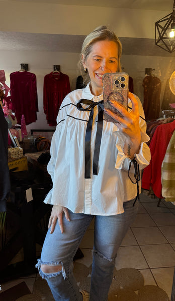 White Long Sleeve Flowy Top with Black Piping and Bow Tie