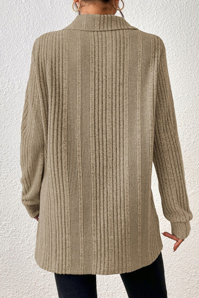 Heathered Taupe Collared Tunic with Side Slits - Ribbed