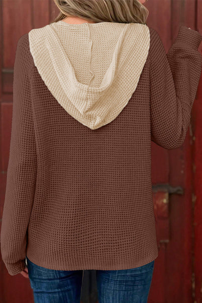 Coffee Waffle Knit Contrast Hooded Top