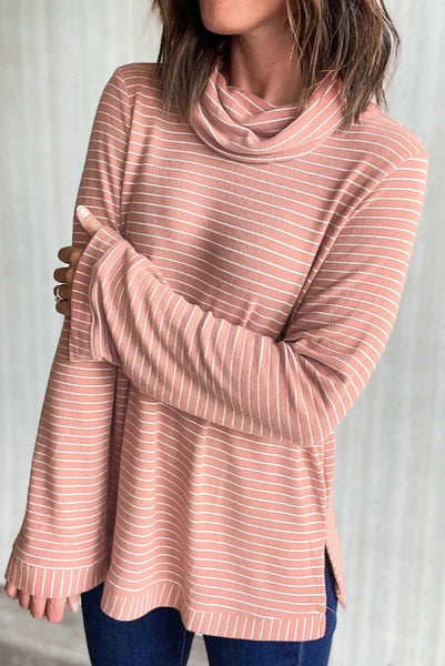 Pink and White Striped Cowl Neck Longer Length Long Sleeve Top