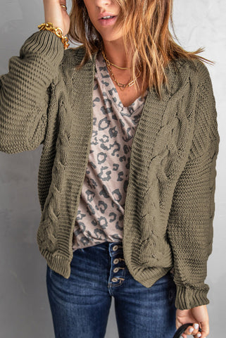 Olive Green Open Front Cable Knit Cardigan