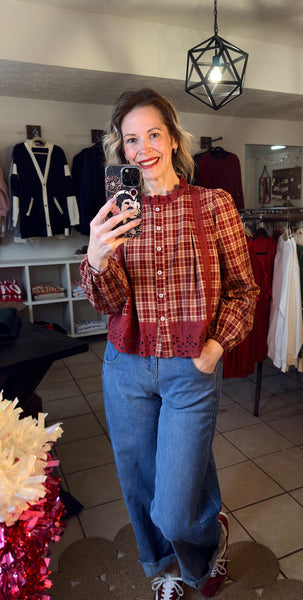 Red Dahlia Plaid and Eyelet Lace Trim Button Down Long Sleeve Shirt