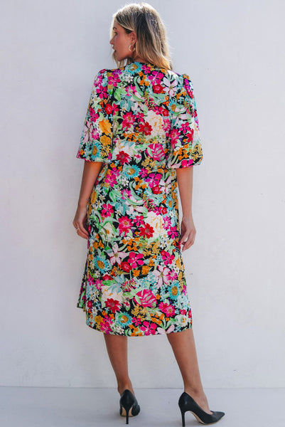 Colorful Floral Cinch Waist Midi Dress