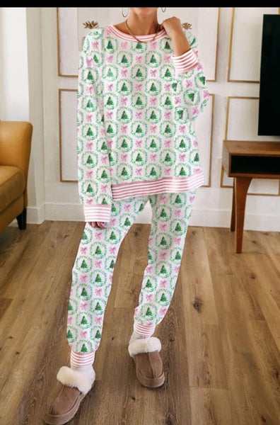 Pink Bows and Christmas Tree Loungewear Set