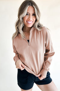 Blush Quarter Zip Pullover with Front Vertical Darting and Drop Shoulder Detailing