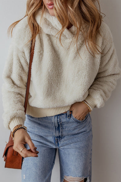 Snowy White Fuzzy Shorter Length Hooded Pullover