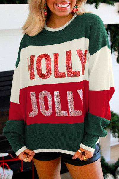 Red and Green Sequined HOLLY JOLLY Colorblocked Sweater