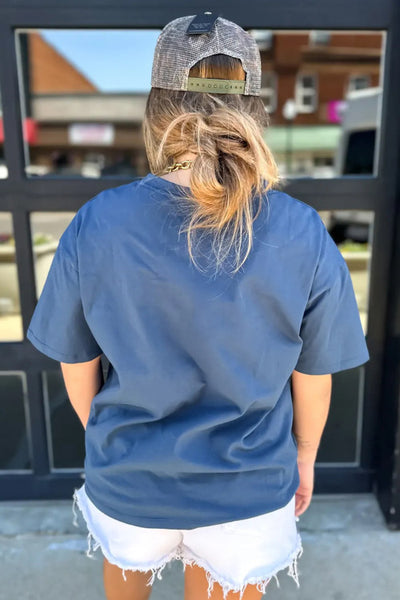 Navy Blue Tee with Functional Faux Denim Patch Pocket