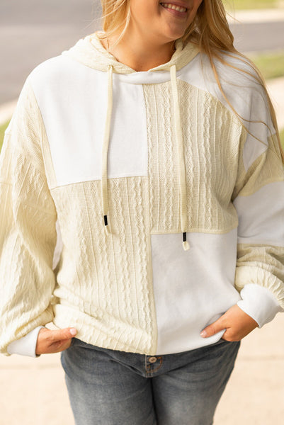 Curvy Ivory and Cream Patchwork Mixed Textures Hoodie