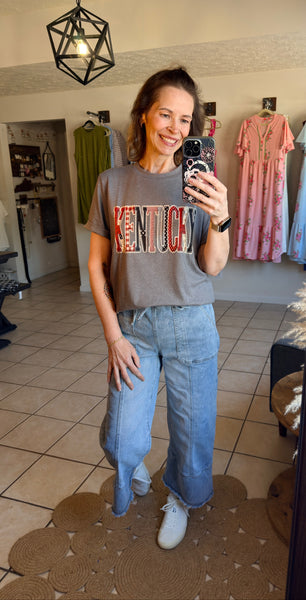 Heathered Gray Patchwork KENTUCKY Printed Tee - Patriotic - 4th of July - Memorial Day - Veteran's Day - USA