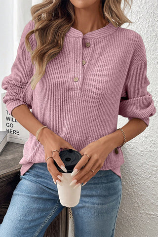 Heathered Pink Ribbed Long Sleeve Henley Style Top with Kangaroo Pocket