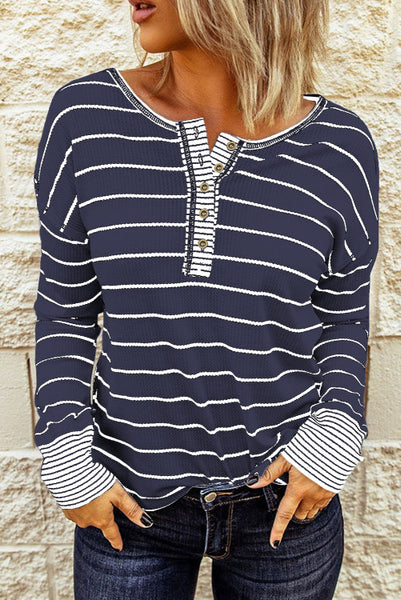 Navy Blue and White Striped Long Sleeve Waffle Textured Top