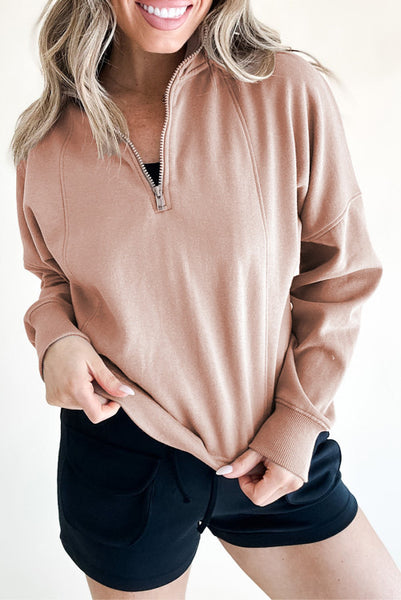 Blush Quarter Zip Pullover with Front Vertical Darting and Drop Shoulder Detailing