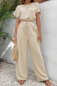 Beige Pants Set with Short Sleeve Cropped Top