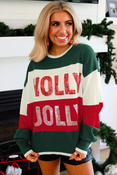 Red and Green Sequined HOLLY JOLLY Colorblocked Sweater