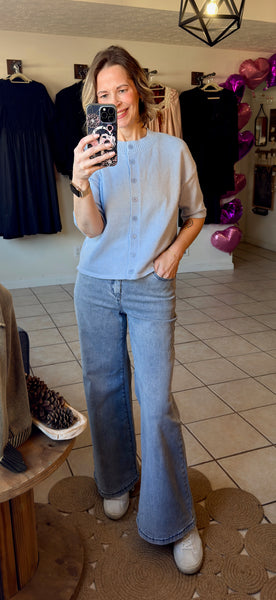 Light Blue Half Sleeve Button Up Sweater