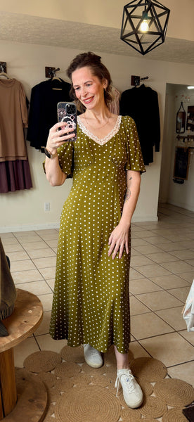 Green Polka Dot Lace Trimmed Neckline High Waist Maxi Dress