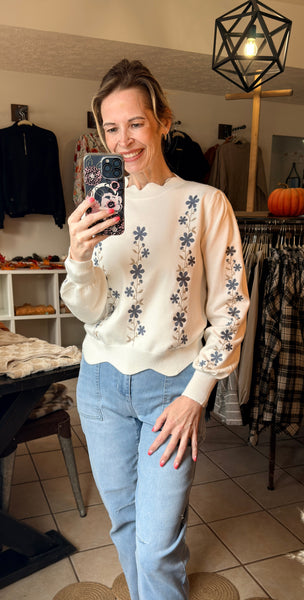 Scalloped Trim Floral Embroidered Sweater