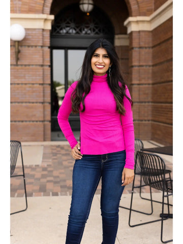 Pink Fitted Long Sleeve Turtleneck with Side Slits