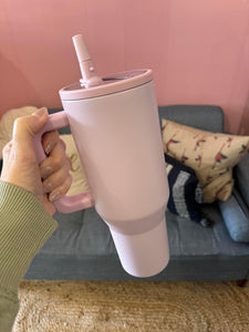 Matte Pink Reusable Straw Insulated Tumbler with Handle and Non Slip Bottom - 40oz - Orchid Pink