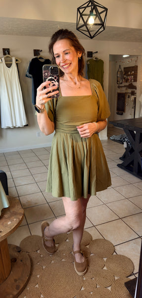 Sage Green Flowy Square Neckline Romper with Ruched Bodice and Puff Sleeves