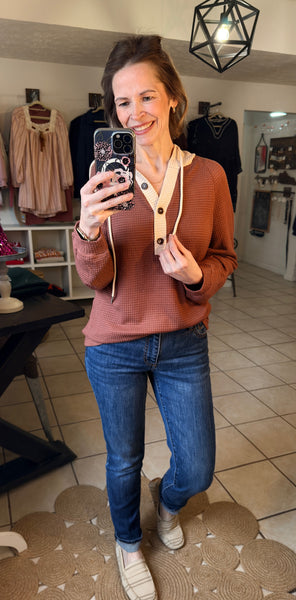 Coffee Waffle Knit Contrast Hooded Top