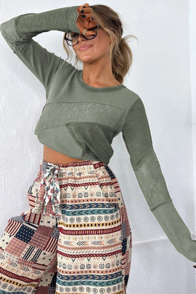 Sage Green Mixed Material Patchwork Long Sleeve Top with Lace Trim