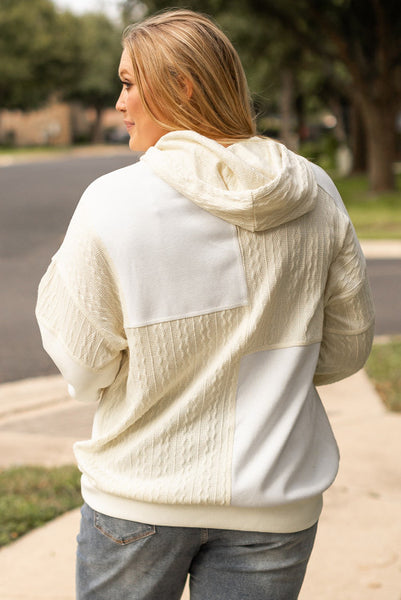 Curvy Ivory and Cream Patchwork Mixed Textures Hoodie