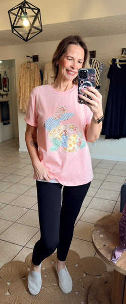 Pink Quilted Patchwork Bunny Printed Tee