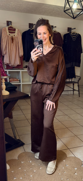 Dark Brown Braided V-Neck Top and Drawstring Pants Set