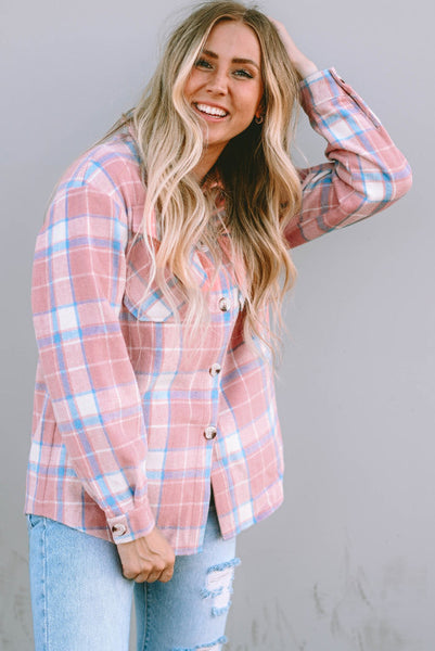 Pink Plaid Button Up Shacket with Flap Pockets and Slant Pockets