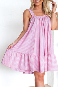 Pink Striped Sleeveless Tiered Ruffle Dress
