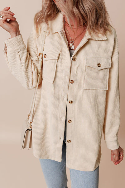 Oatmeal Corduroy Flap Pocket Button Up Longer Length Shacket - Super Soft - Curvy and Regular Sizes