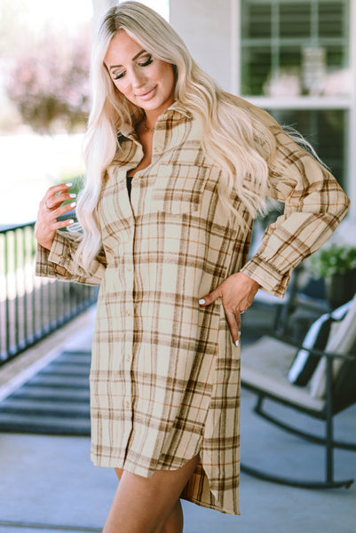 Cream Plaid Longer Length Button Up Shacket