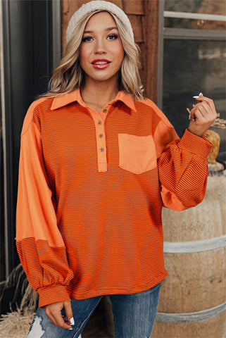 Orange Striped Colorblocked Collared Henley Pullover