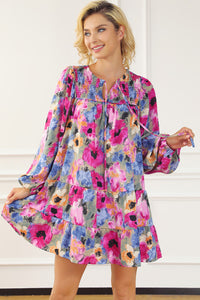 Watercolor Floral Drop Waist Dress with Smocked Neckline