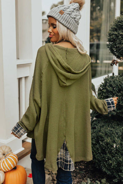 Olive Green Waffle Knit with Plaid Detailing Hooded Pullover with Pockets