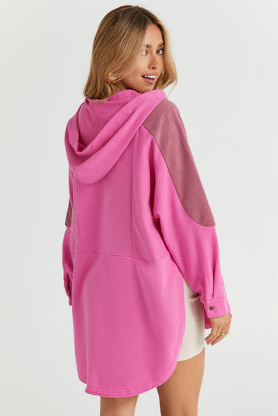 Oversized Mixed Material Henley Style Hooded Pullover with Scoop Hemline - Multiple Color Options