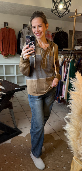 Mixed Material Green Hoodie Pullover - Colorblock