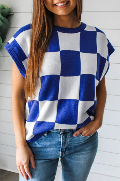 Blue and White Checkered Sweater Vest