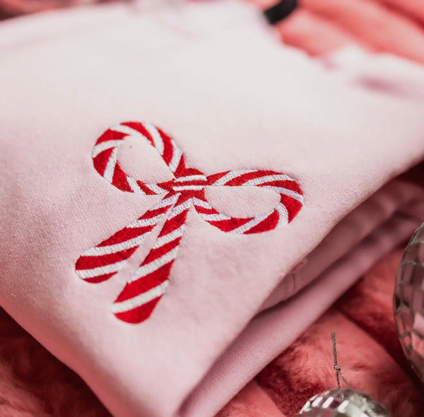 Pink Sweatshirt with Embroidered Candy Cane Striped Bow Pocket Design